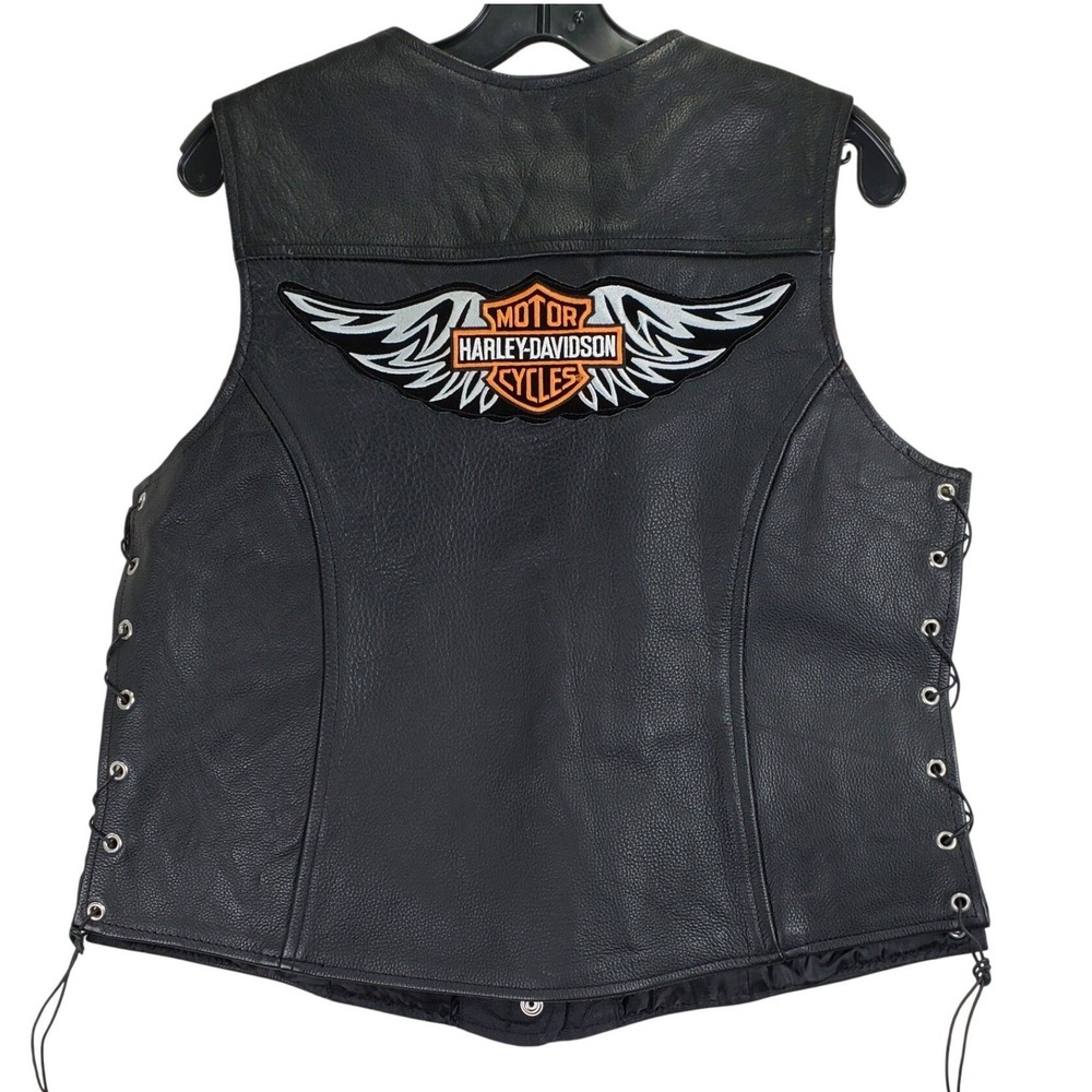 Vance Leathers Women's Size L Black Leather Motorcycle Moto Vest w/ Harley Patch